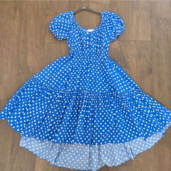 Caroline Constas Bardot Flounce Polka Dot Blue/White Midi Dress M